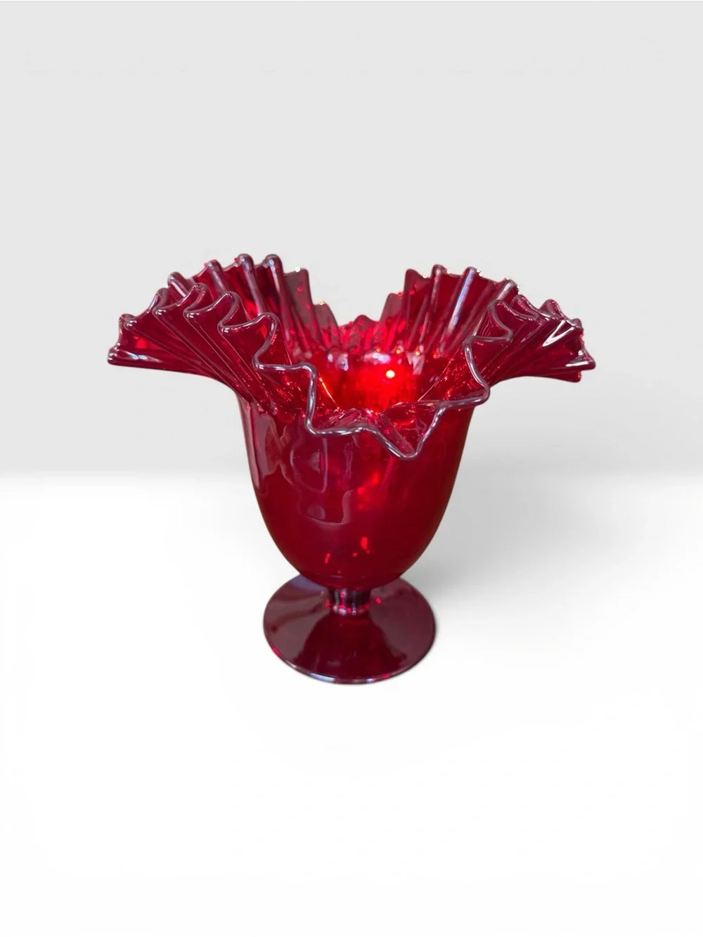 VTG Blenko #388 Ruby Red Art Glass Ruffled Pedestal Vase Mid Century Modern MCM